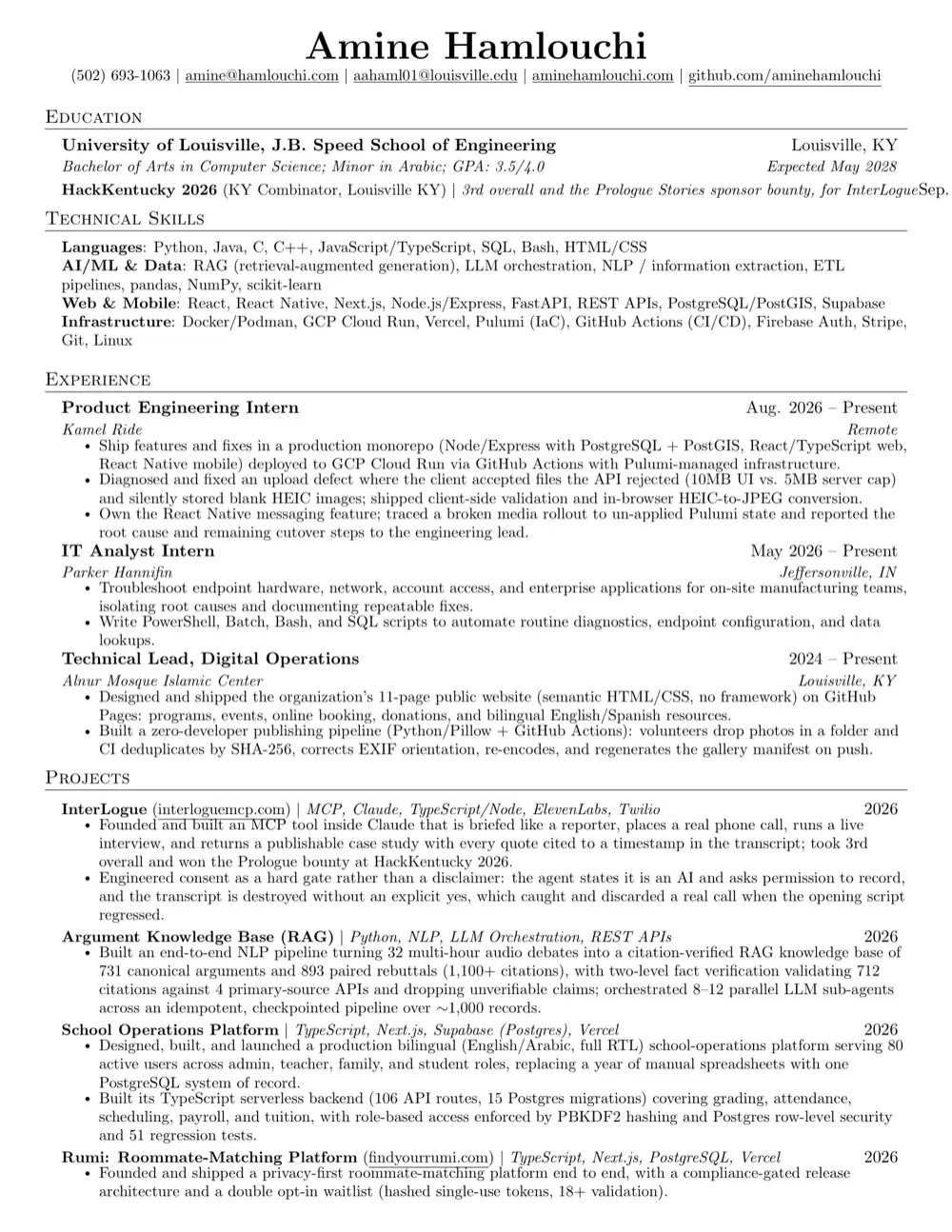 Amine Hamlouchi's one-page résumé